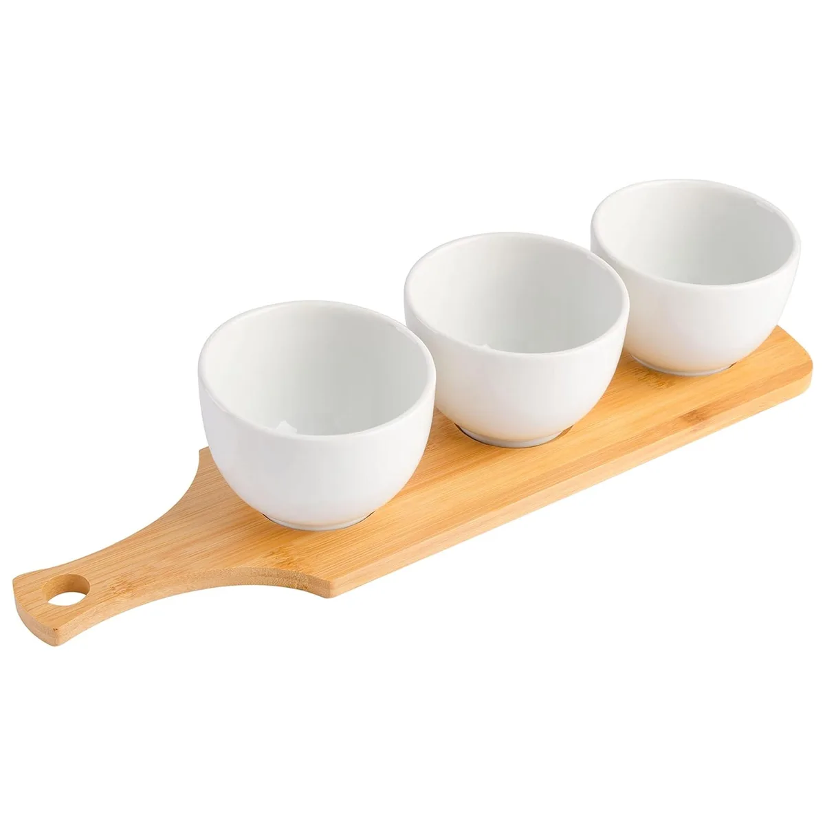 Gibson Gibson 510120411M 3 Piece White Ceramic Tidbit Bowl Set with Bamboo Tray — product photo