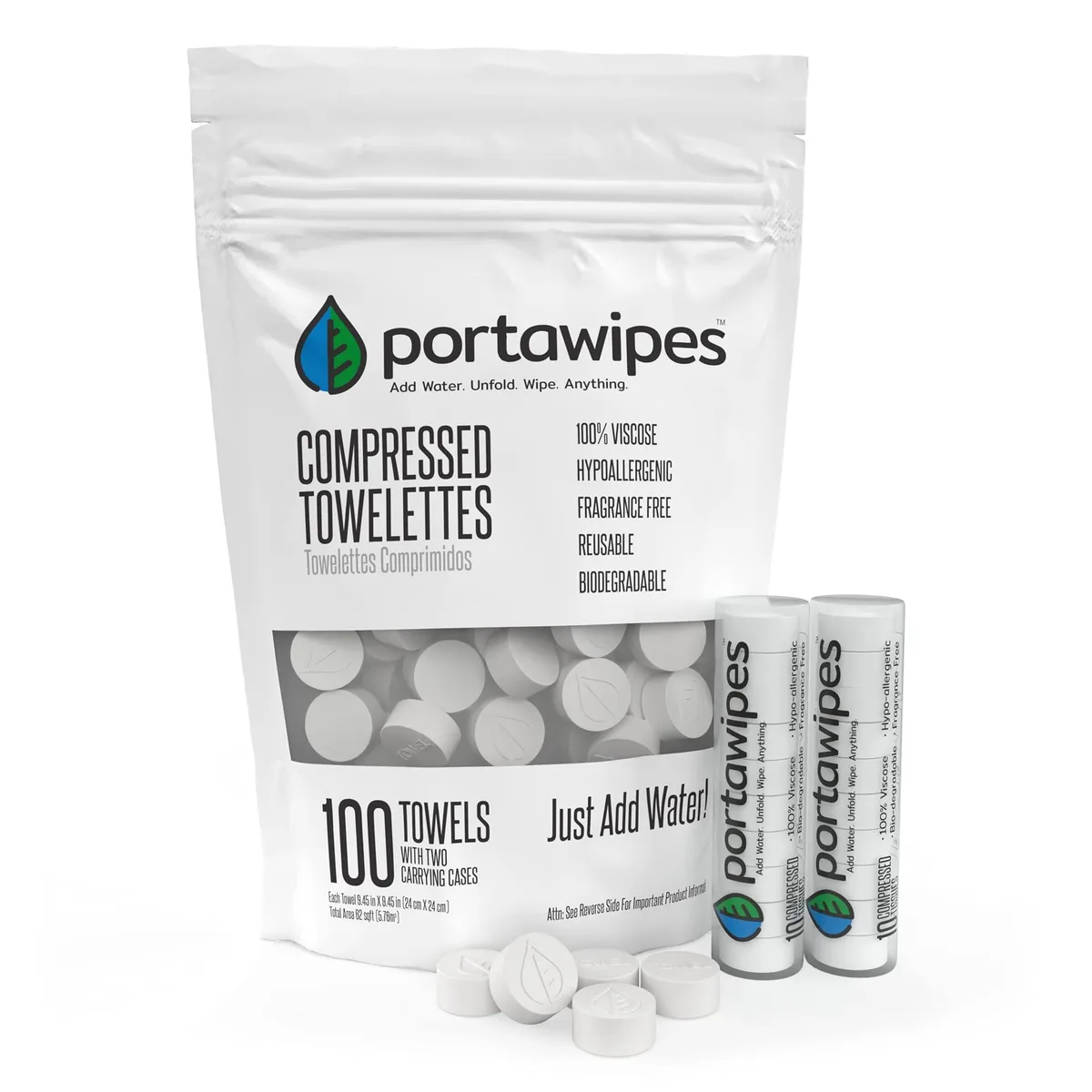 Portawipes Compressed Towels 100 Pack with 2 Cases — product photo