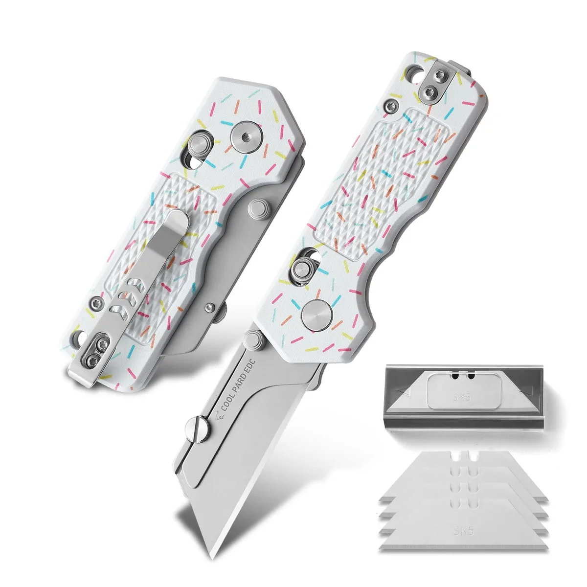 Cream folding utility knife with fiber finish and pocket clip