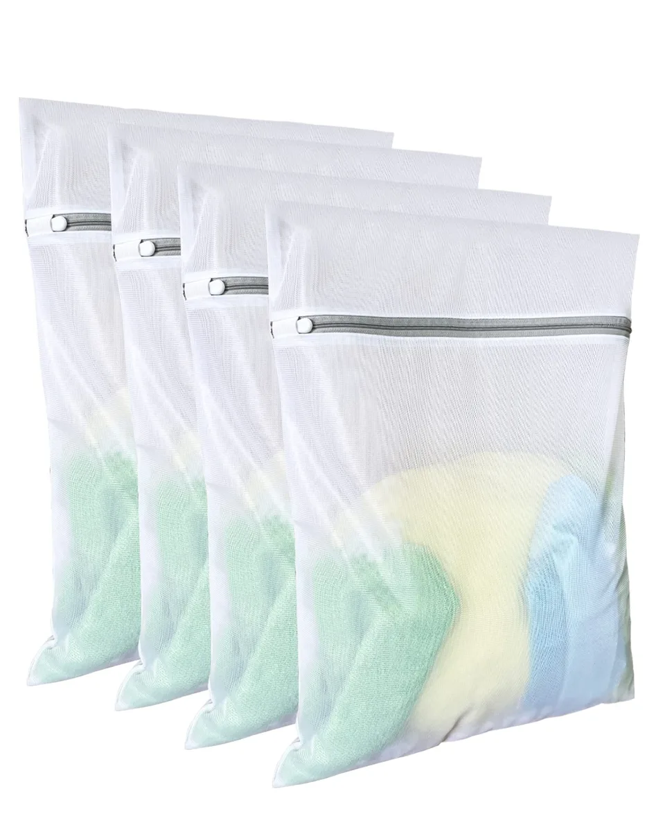 Four rectangular gray mesh laundry bags with zipper closures