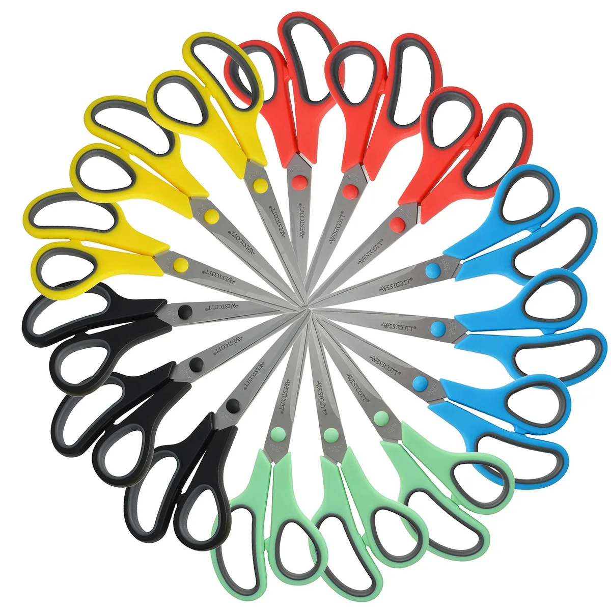 Pack of 15 Westcott 8 inch straight stainless steel scissors with soft handles in assorted colours
