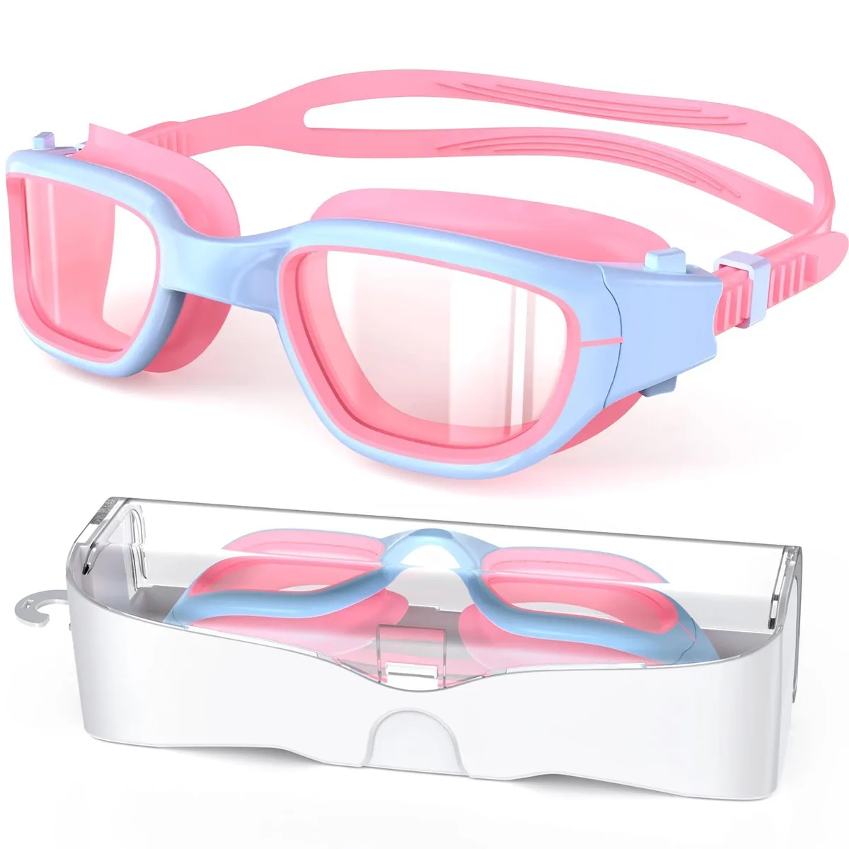 Blue silicone swim goggles with clear lenses and adjustable strap