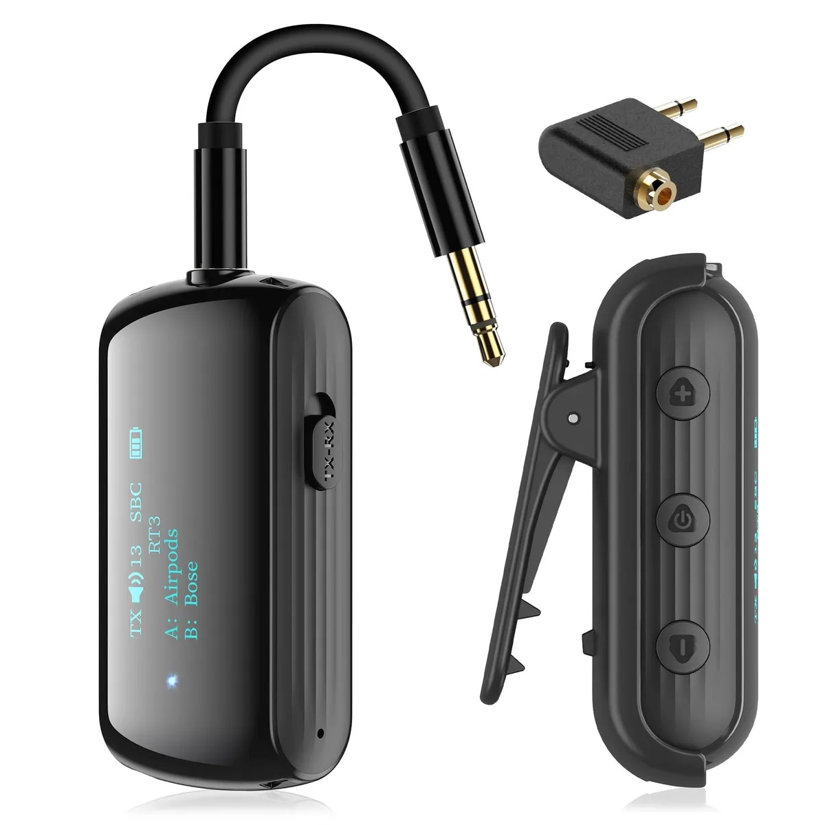 Small black rectangular adapter with OLED screen and lapel clip