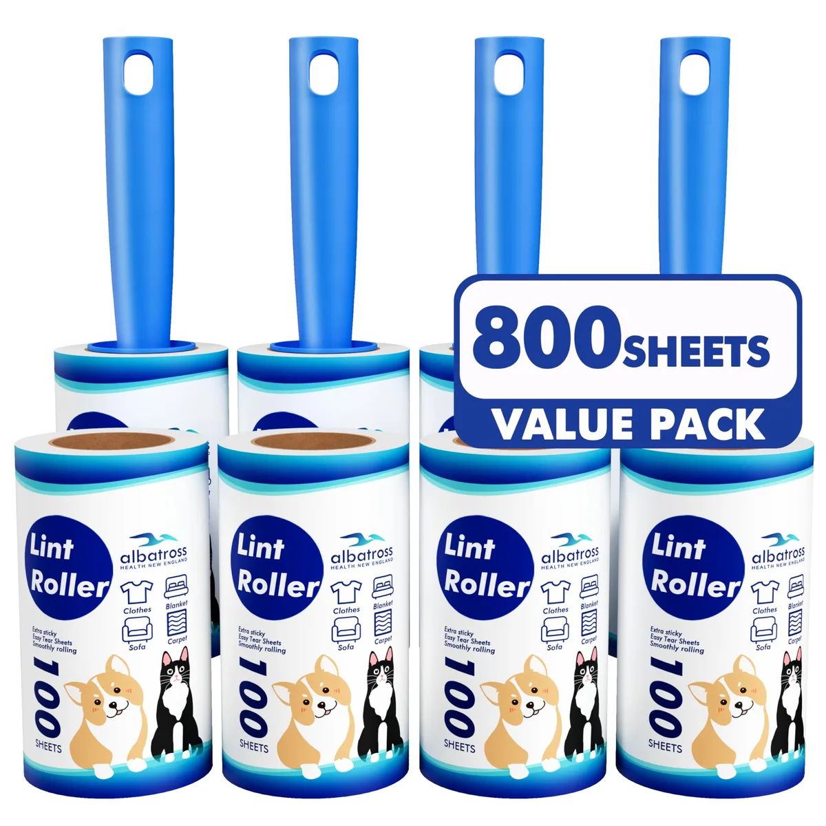 Boxed set of four lint rollers with four refill rolls, plastic handles, white adhesive sheets