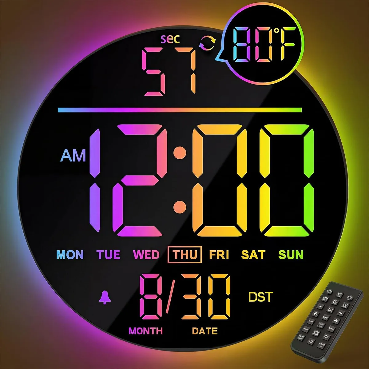 Square 10-inch digital wall clock with RGB LED display and night light base