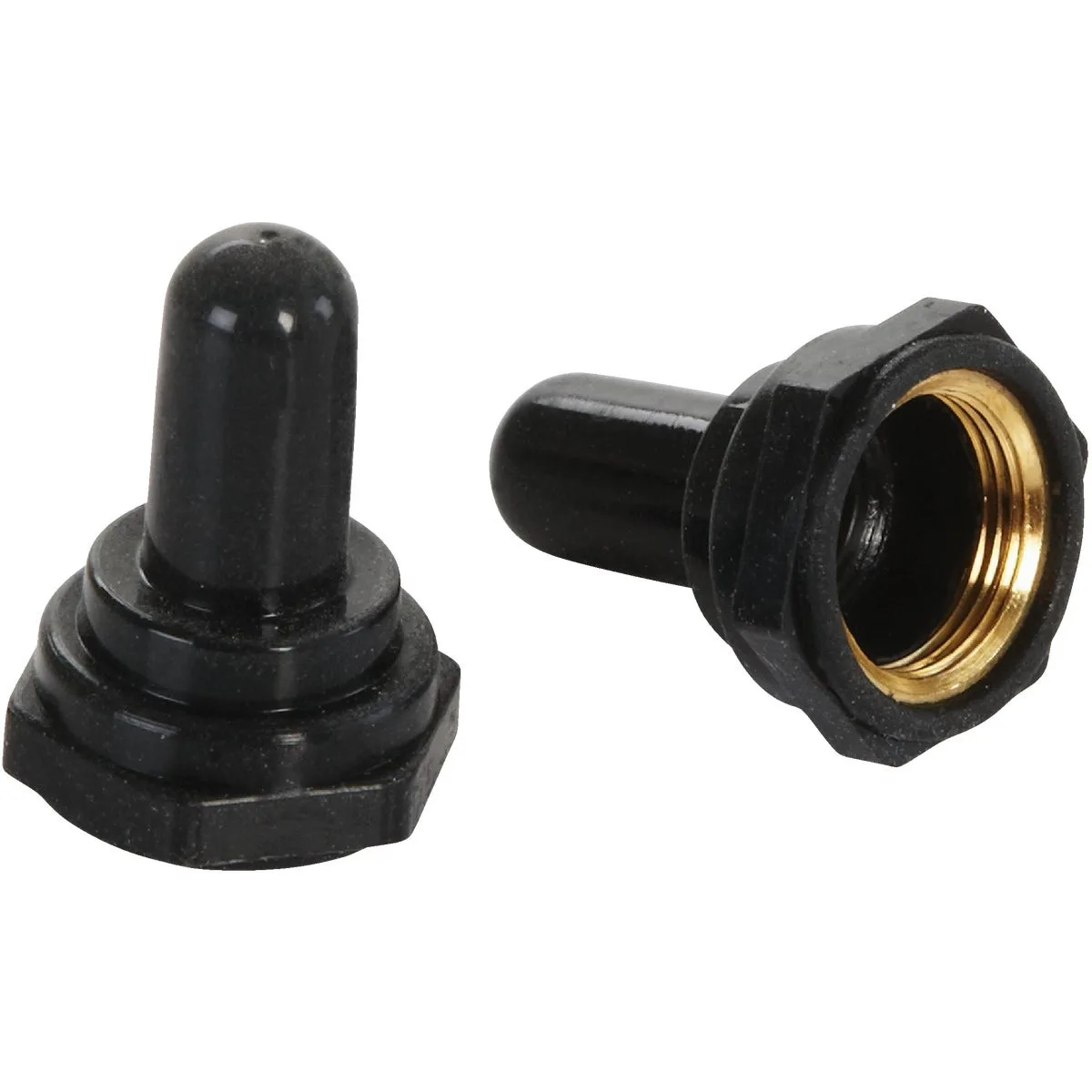 Two rubber toggle switch covers with hex nut bases on a card