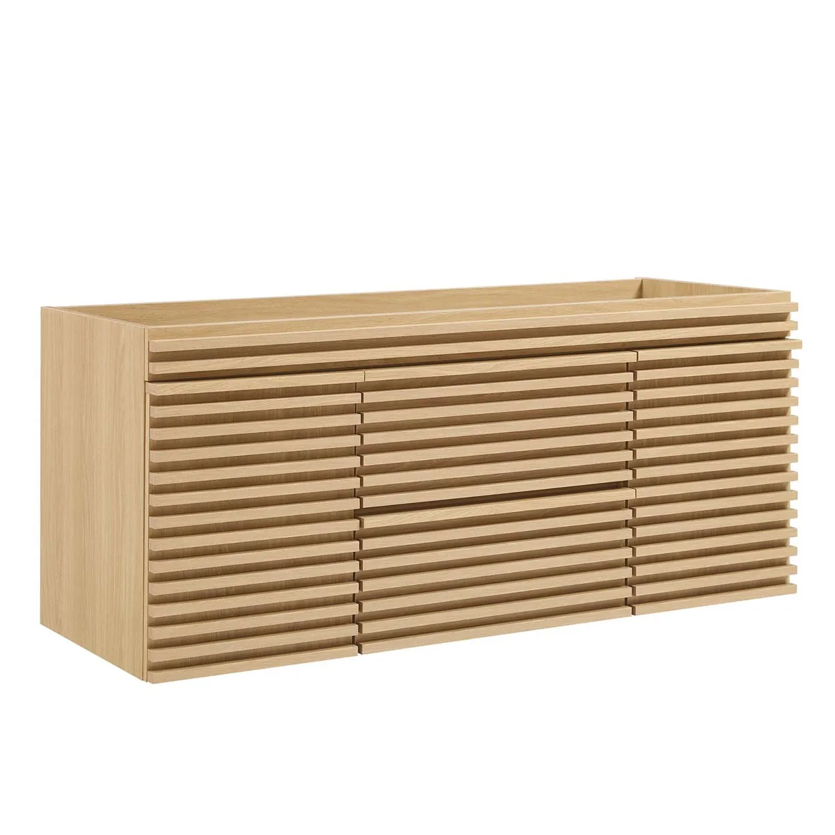 Wall-mounted 48-inch mid-century vanity cabinet with two full-extension drawers, laminate finish