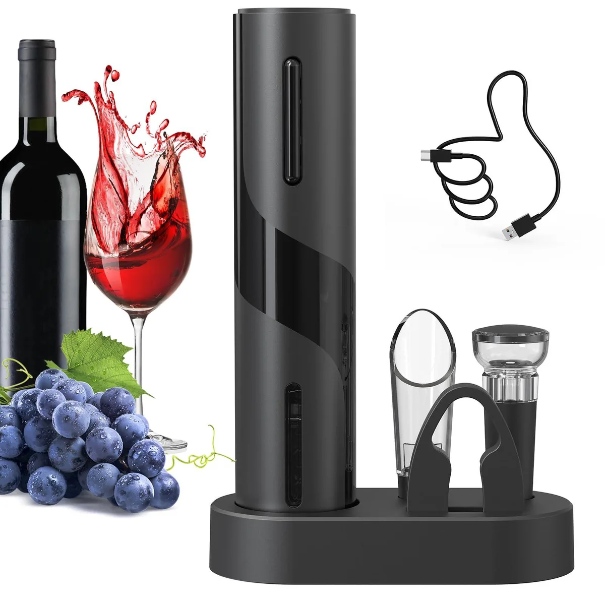 Black electric wine opener with charging base foil cutter aerator pourer and vacuum stopper
