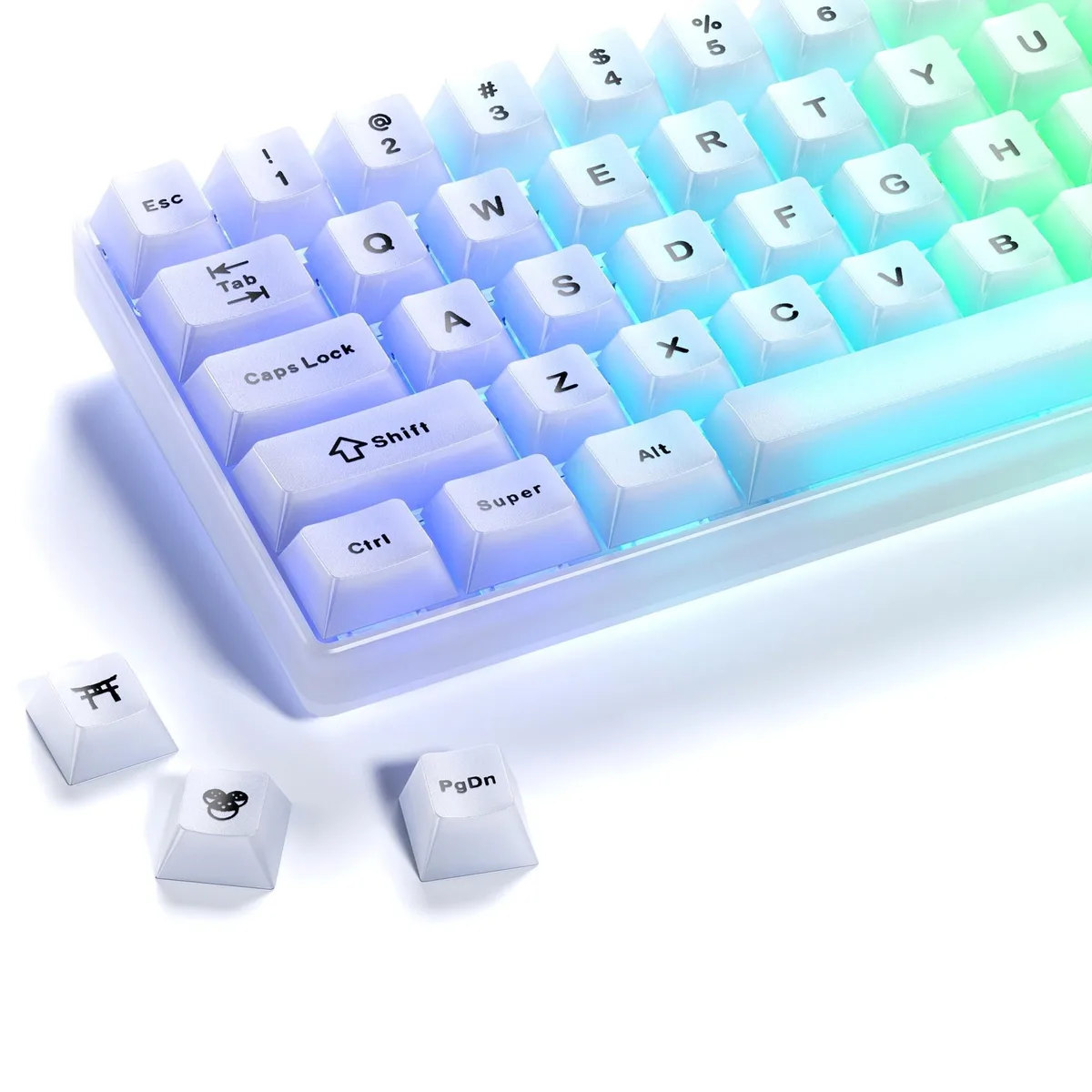 Translucent white and clear keycap set with legends, Cherry profile, 124 keys
