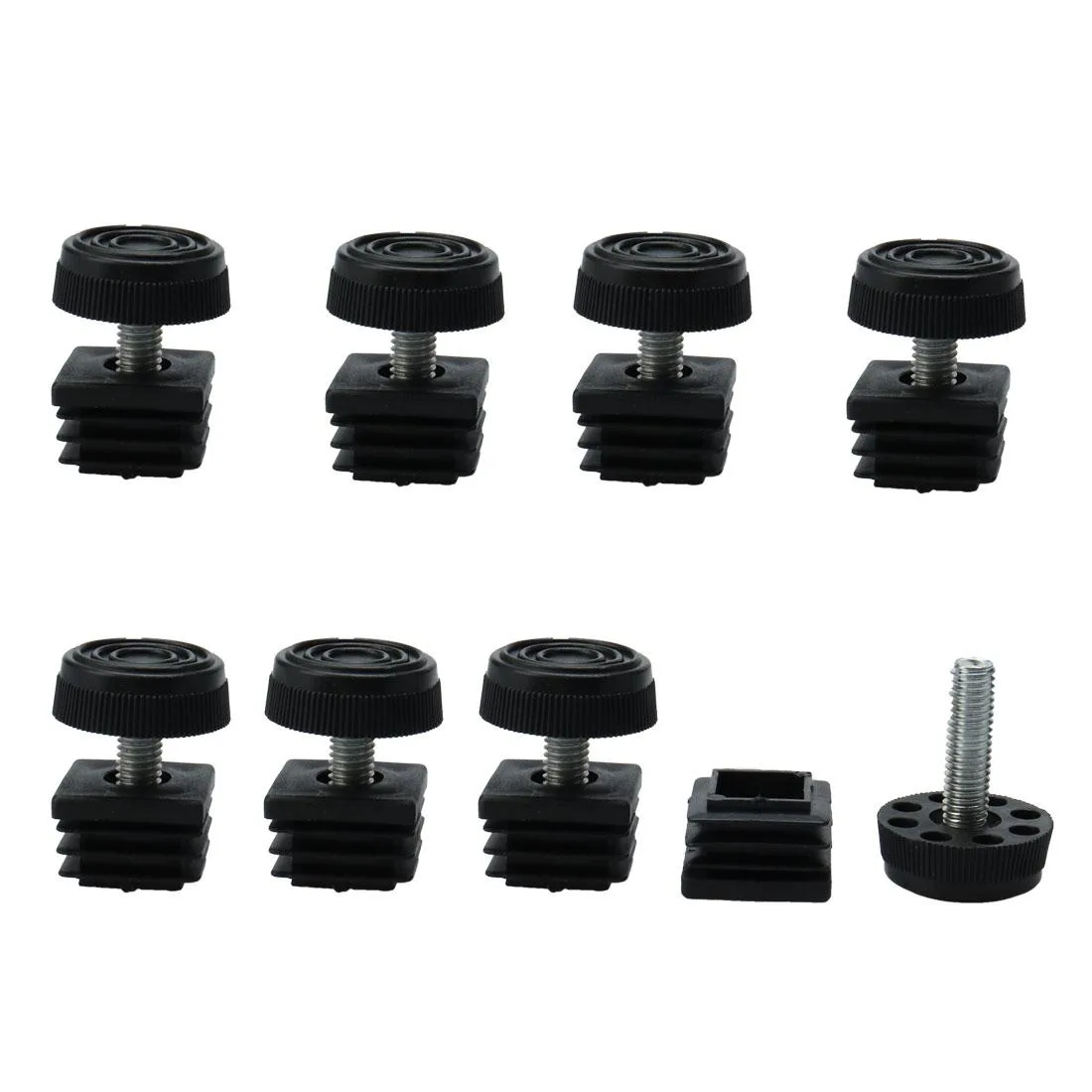 Eight sets of 25 mm square tube inserts with adjustable threaded feet and plastic bases