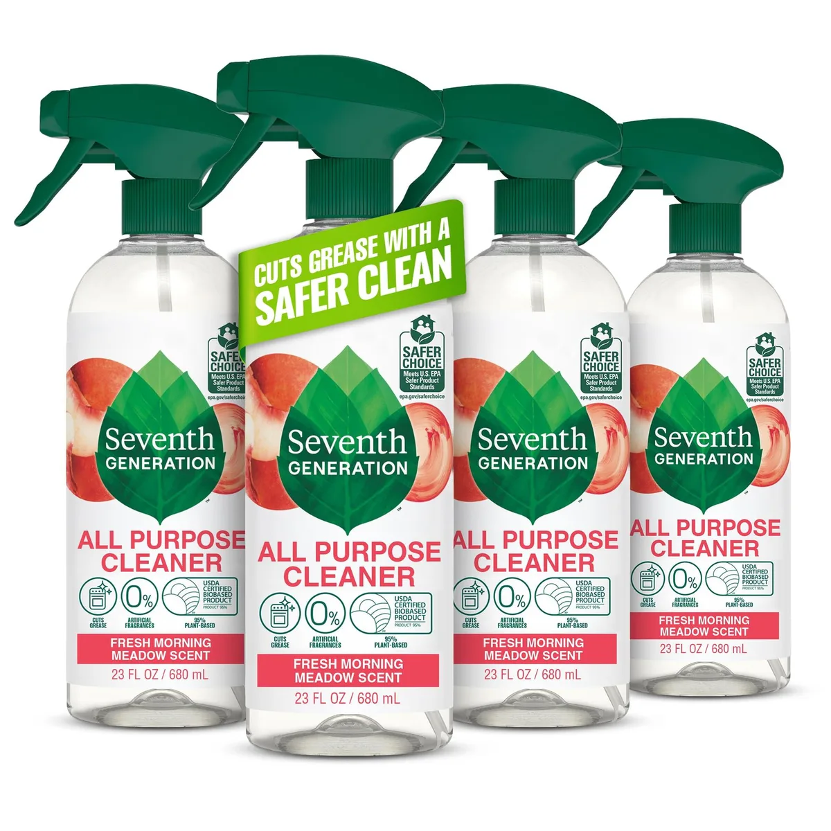 Four white 23 oz spray bottles with Morning Meadow scent