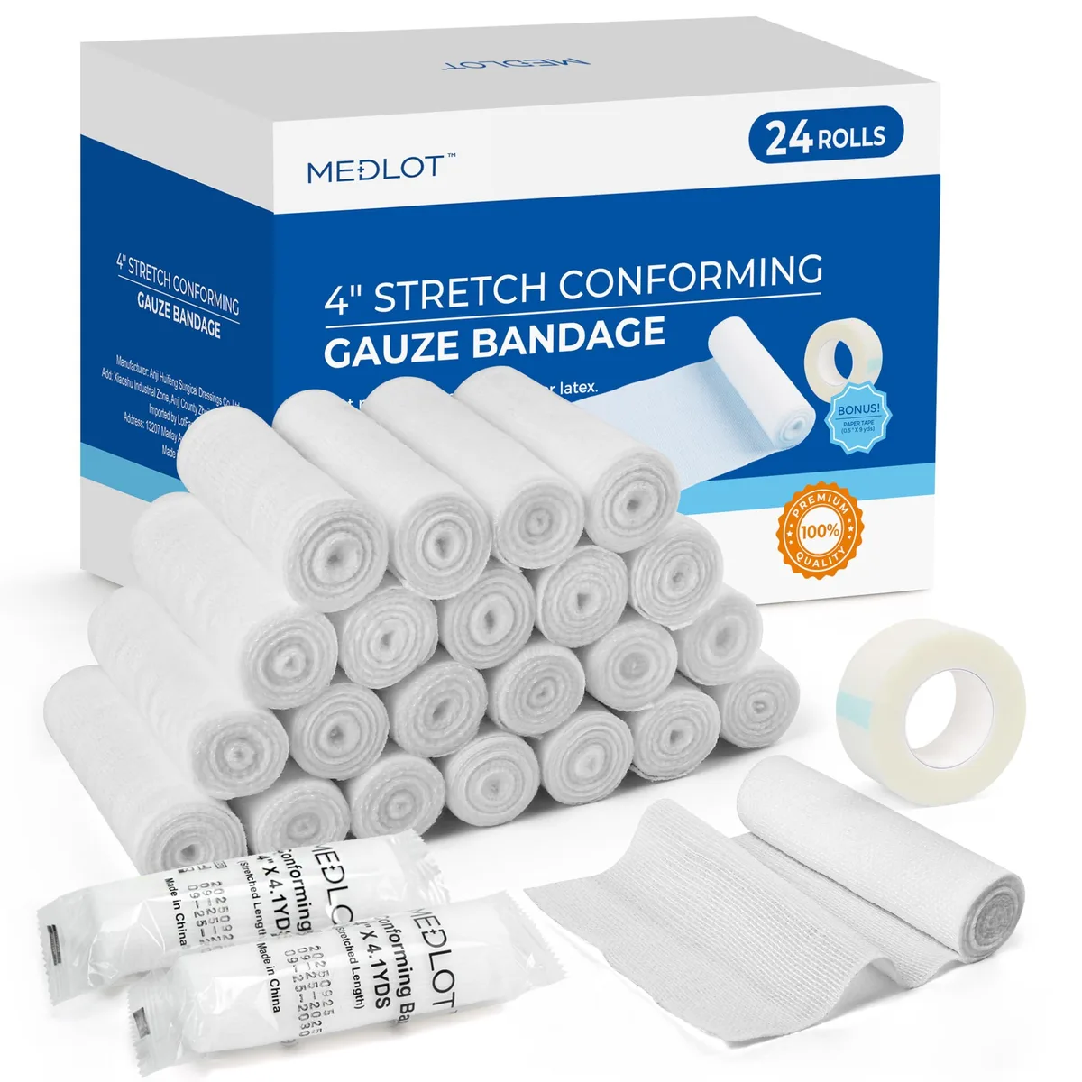 Twenty-four individually wrapped white gauze rolls, each four inches by 4.1 yards