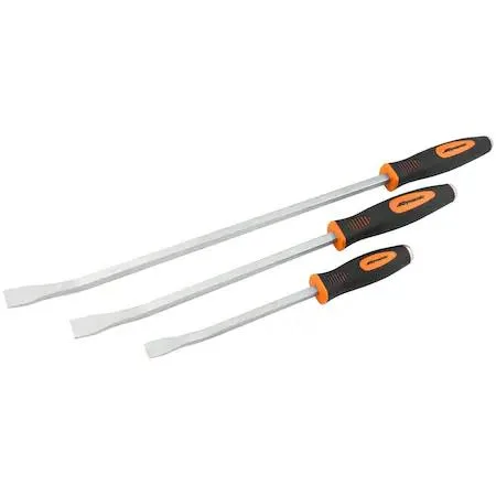 Three steel pry bars 12 18 24 inches with orange comfort grips and strike caps in a plastic tray