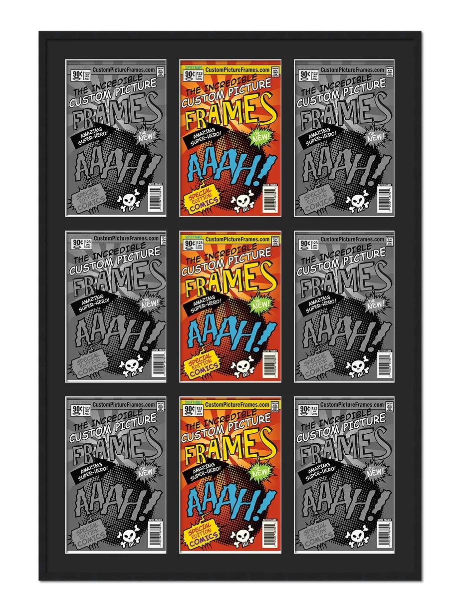 Black wooden frame with nine comic openings in a grid, 29 by 38.5 inches, black mat and UV acrylic