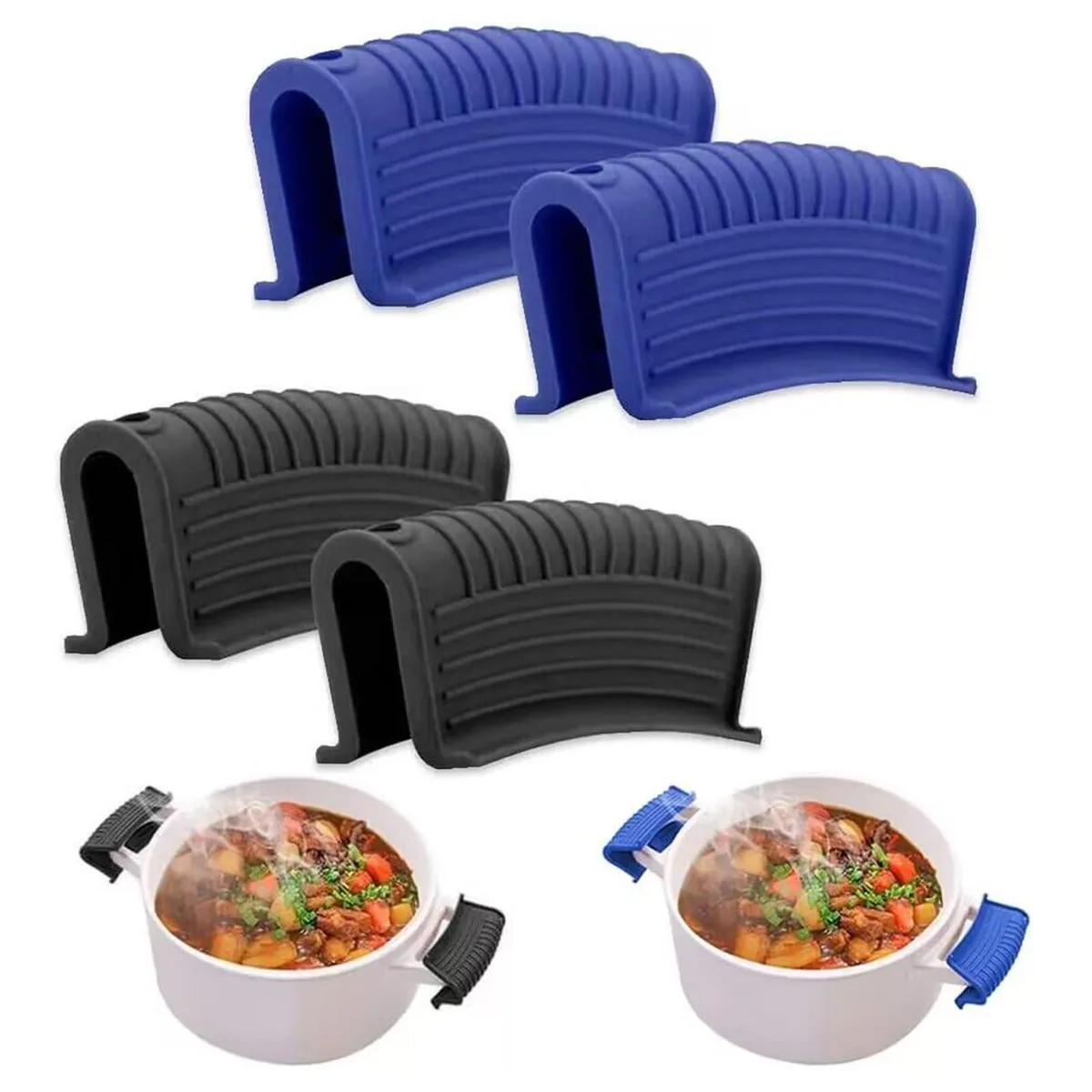 Two pairs of silicone pot handle covers in two colours, textured grip, hanging hole