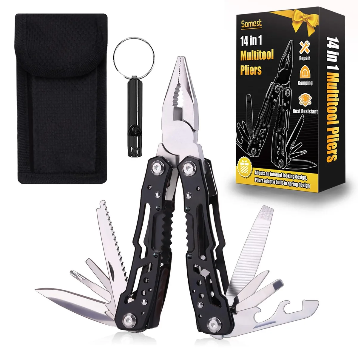 Black folding multitool pliers, 14 functions, compact stainless steel body with nylon pouch and whistle