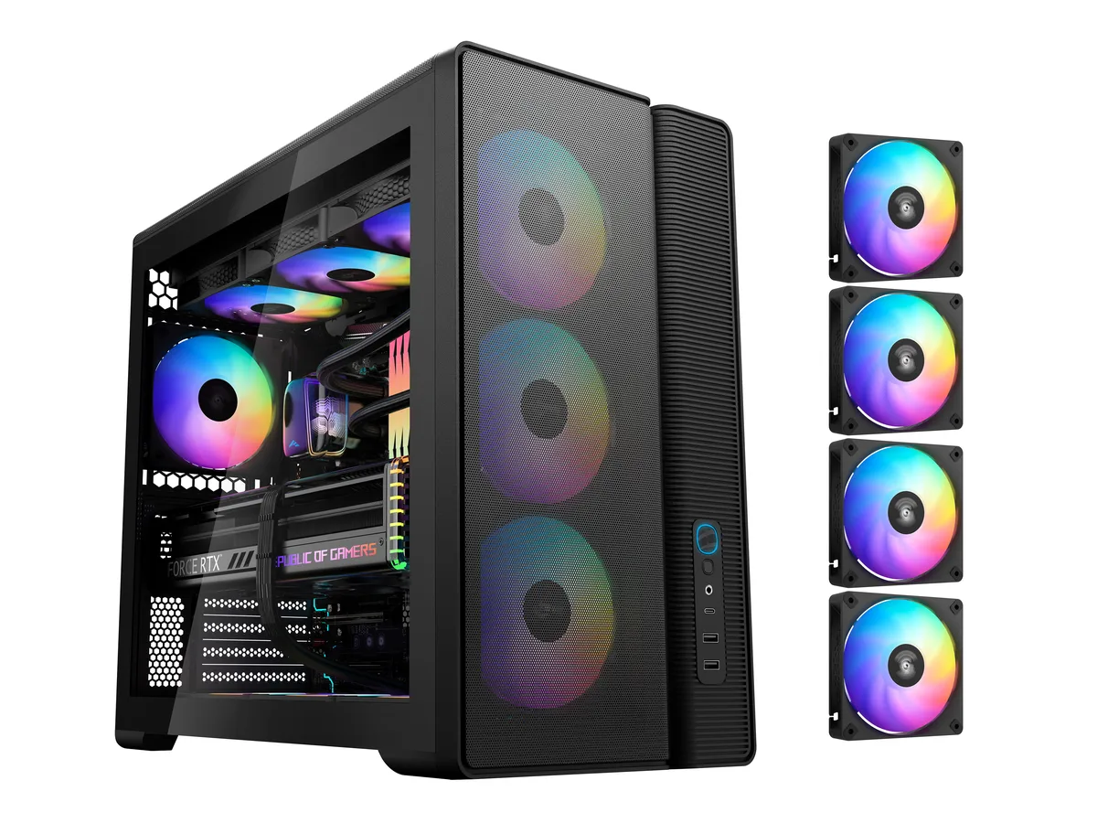 Black mid-tower case with tempered glass side panel and front mesh intake