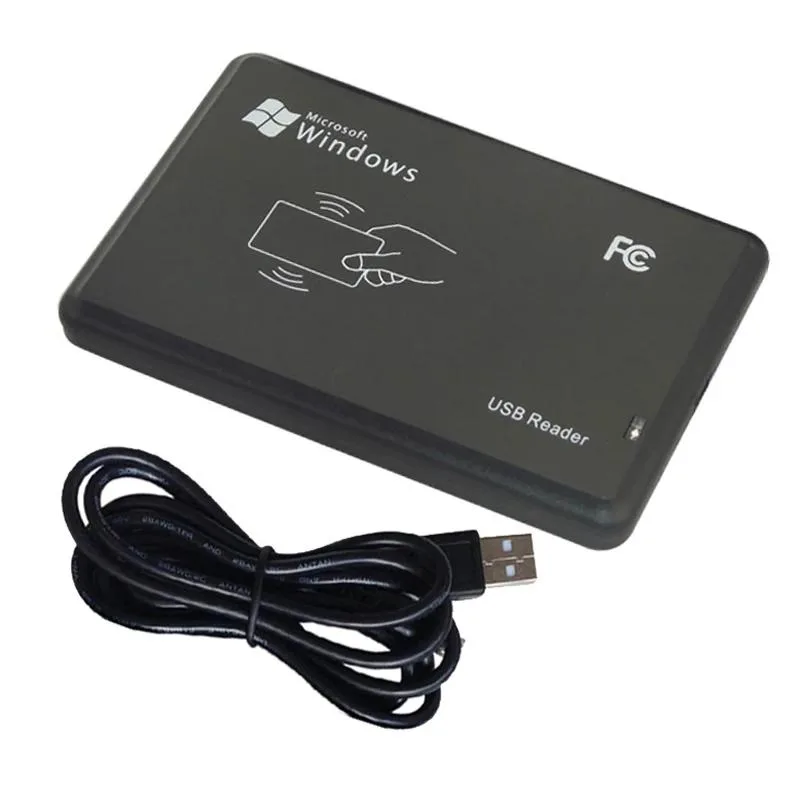 Black rectangular RFID reader with USB cable, compact plastic body