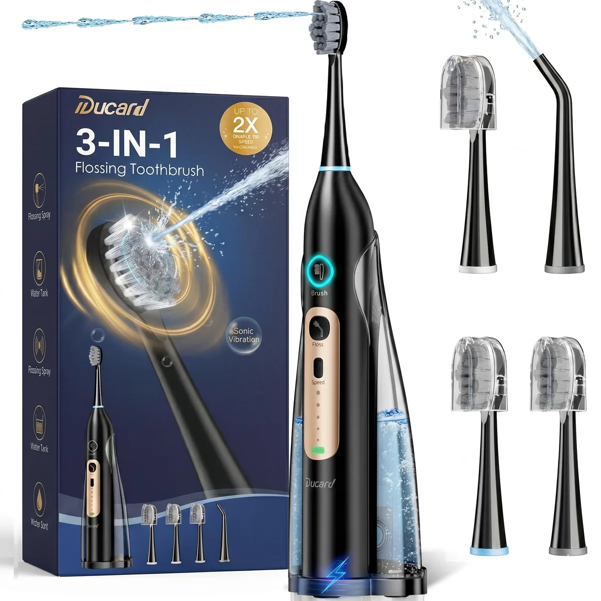 Black handheld oral-care device with detachable water tank and brush head