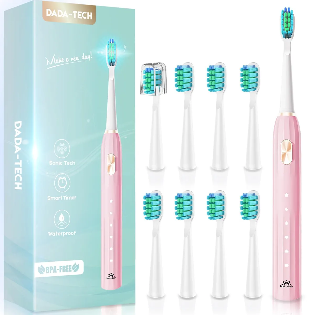 Pink electric toothbrush with Roman column handle and multiple brush heads