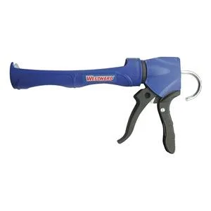 Black and blue dripless caulk gun with plastic half barrel and metal frame