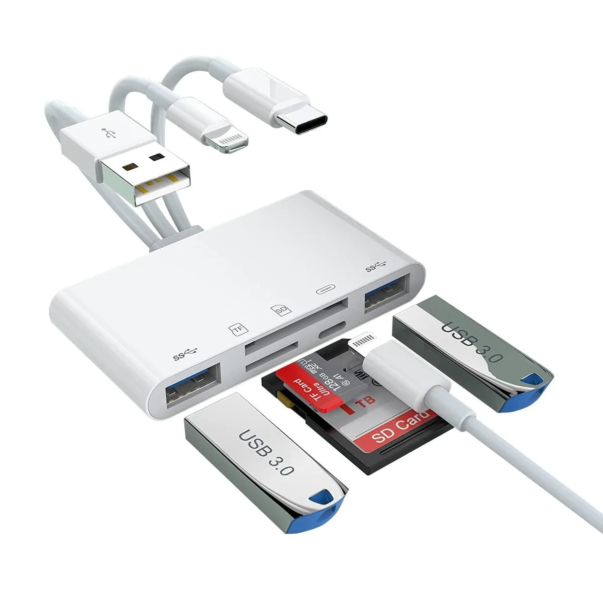 5-in-1 RFID Card Reader USB 3.0 Lightning Type-C White — product photo