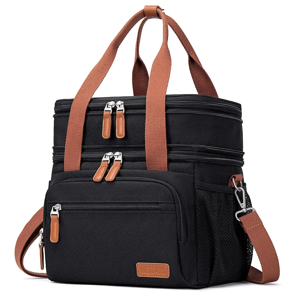 Black rectangular lunch bag with zipper closure, top handle and adjustable shoulder strap