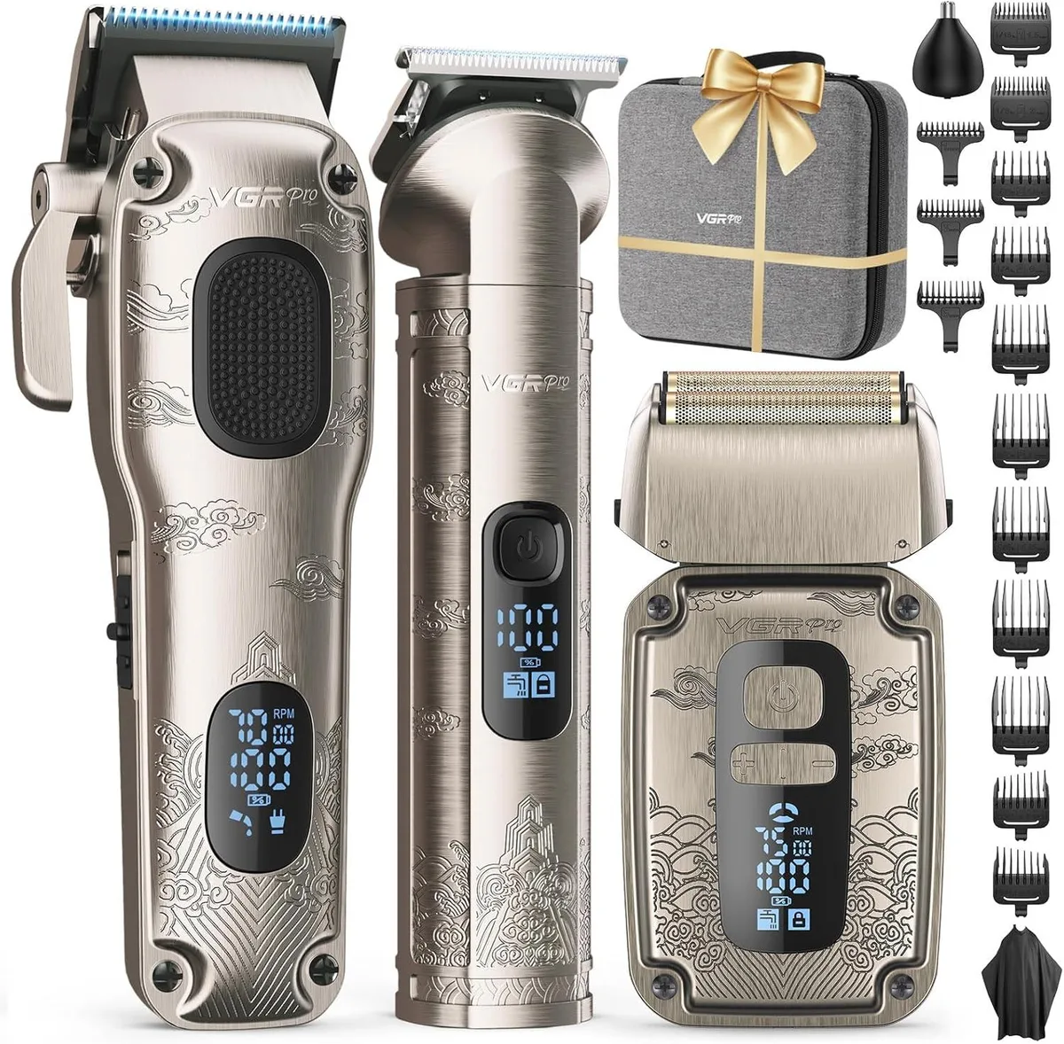 Silver professional grooming kit with hair clipper, T-blade trimmer, foil shaver, guide combs, oil, brush and cape