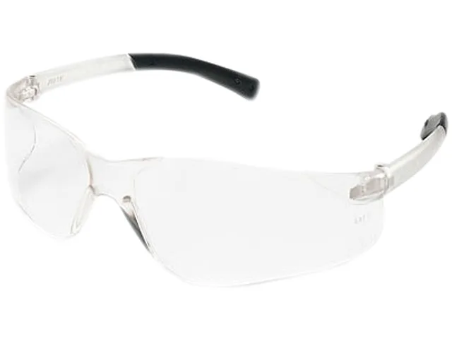 Black wraparound safety glasses with clear lenses and non-slip temple grips