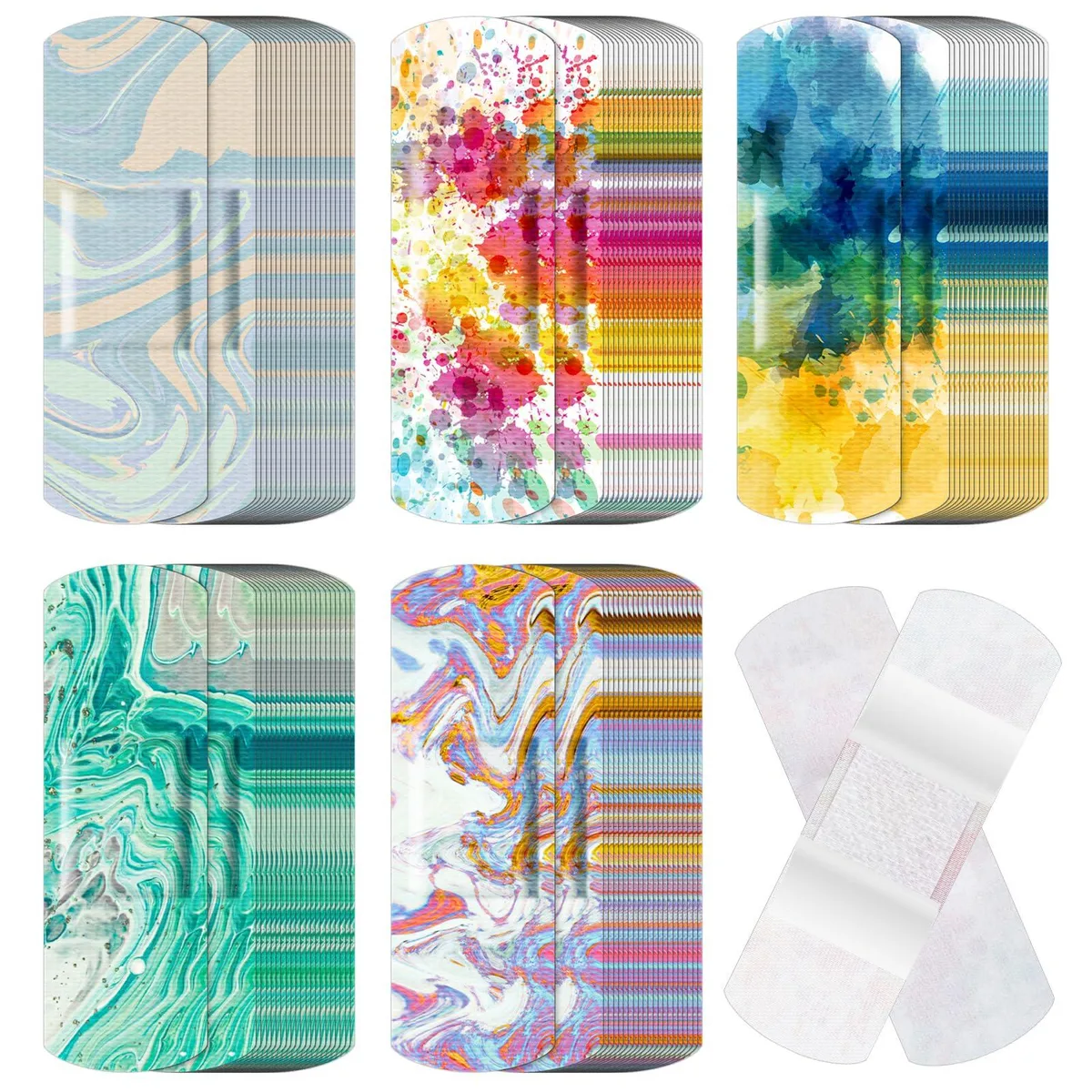 Box of 120 fabric adhesive bandages 76 x 25 mm assorted tie dye patterns