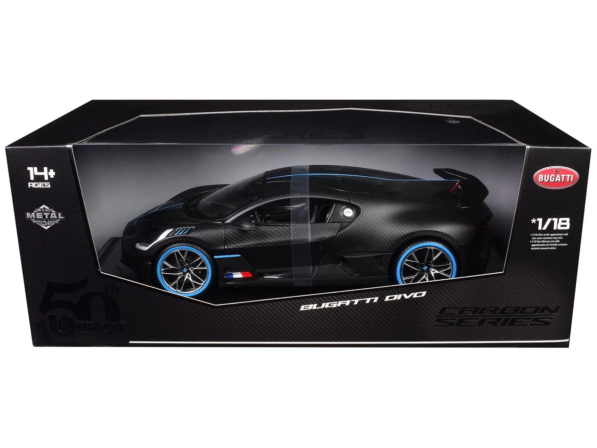 BBURAGO BBURAGO Bugatti Divo Carbon Fiber Blue Accents 1/18 50th Anniversary Diecast — product photo