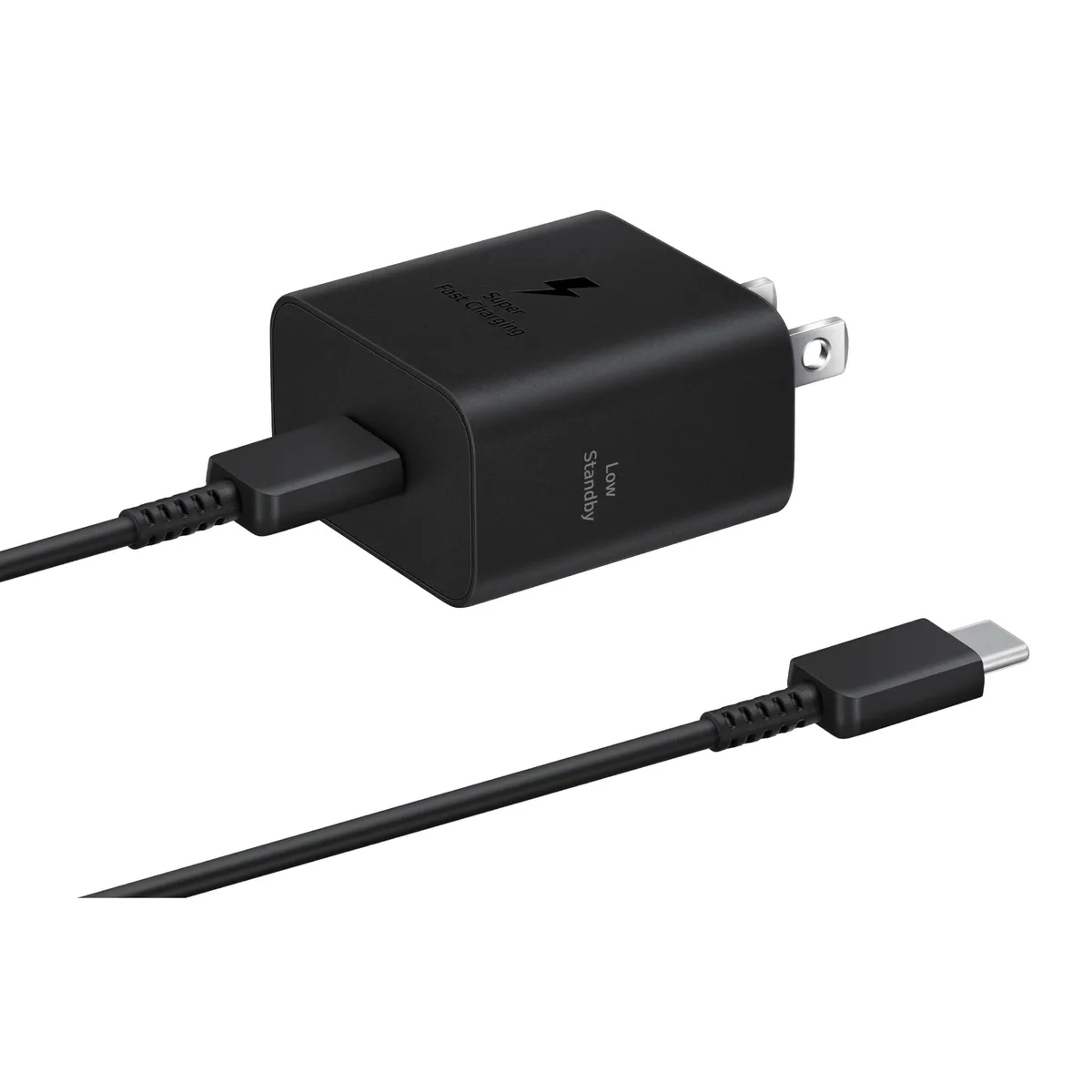 Black Samsung 25W wall charger with USB-C cable