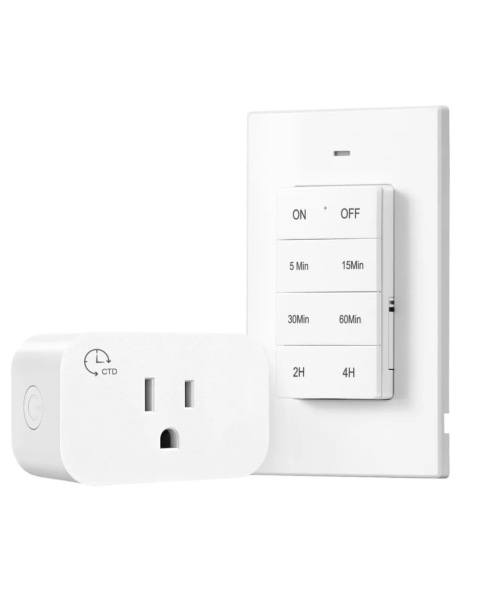 White rectangular plug-in timer switch with single outlet and magnetic remote control