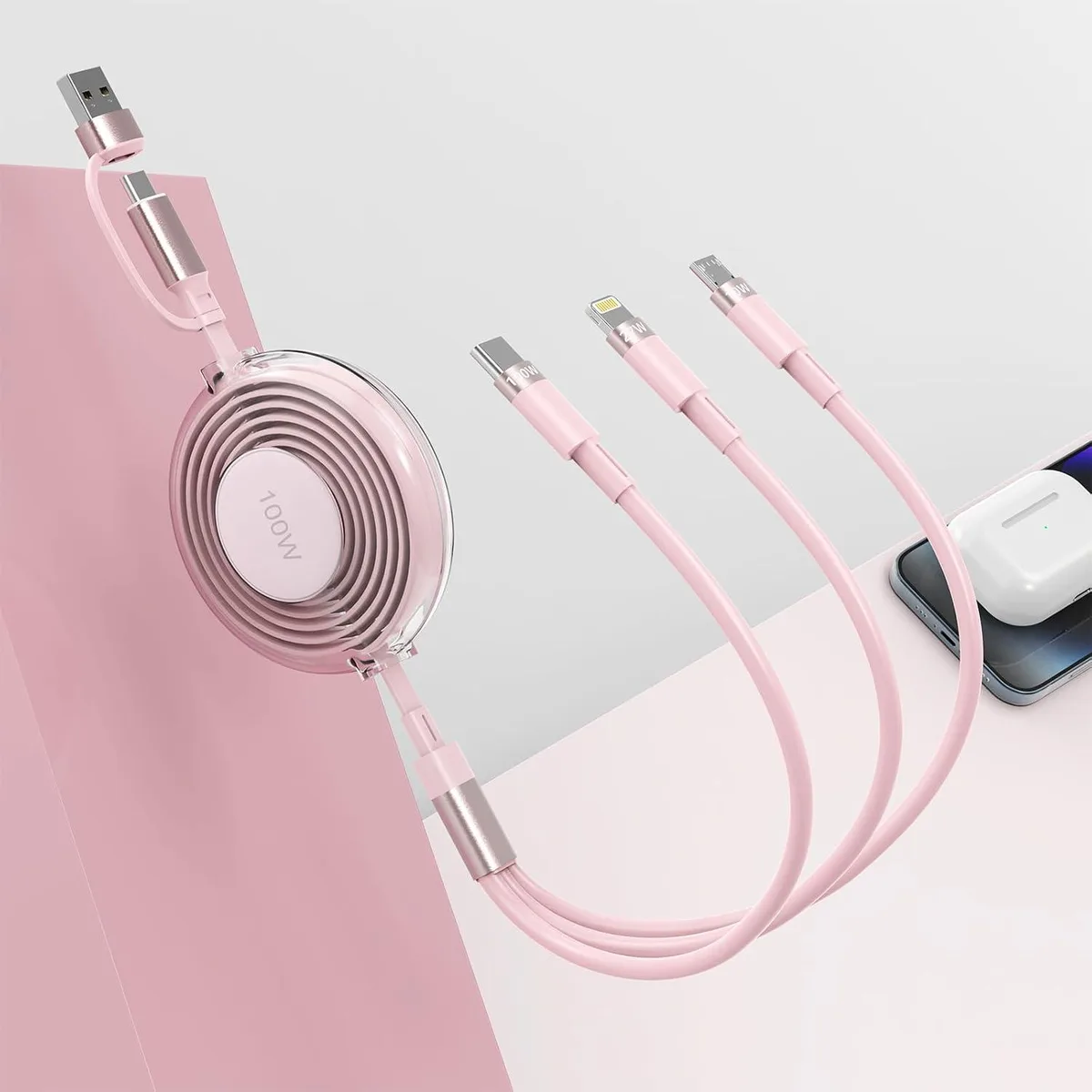 Mobee Mobee Retractable 5-in-1 USB A/C to Lightning/USB C/Micro Cable 100W/27W/10W PD Pink — product photo