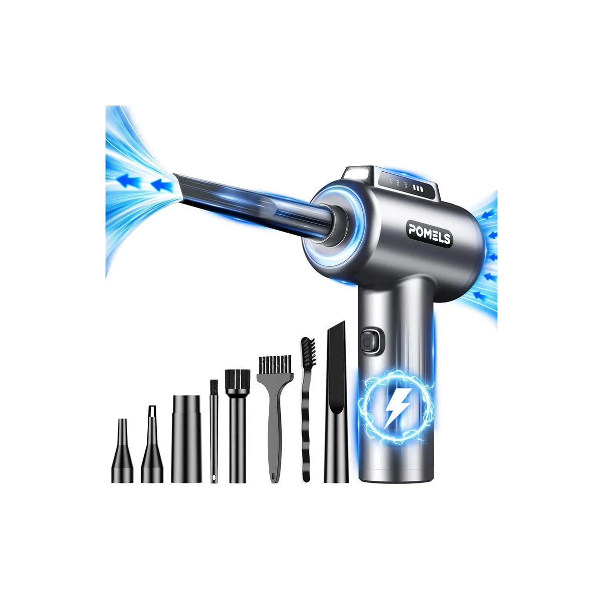 Grey cordless electric air duster with LED light and nozzle attachments