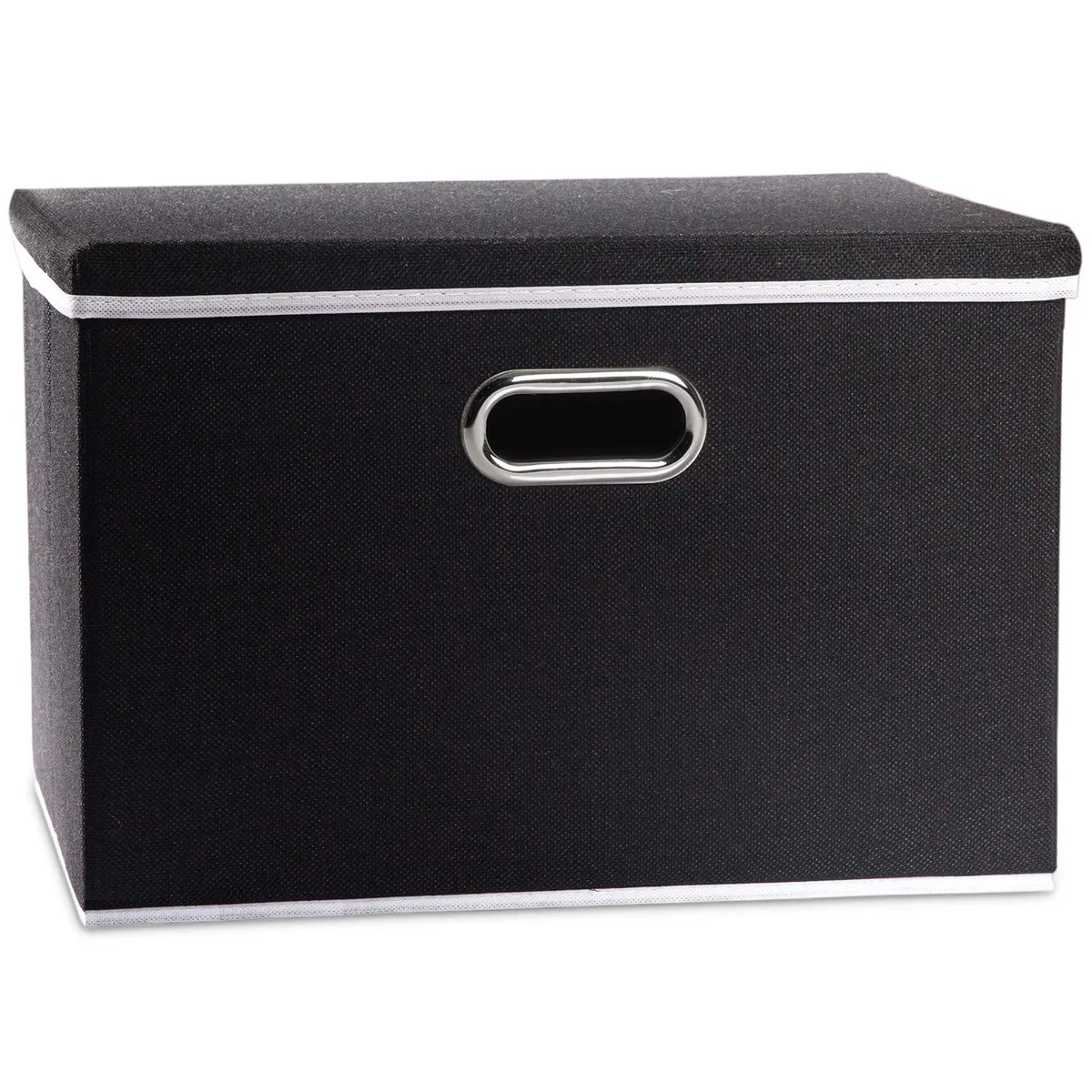 Black fabric collapsible storage box with lid and metal handles, rectangular cube shape 17.7x11.8x11.8in