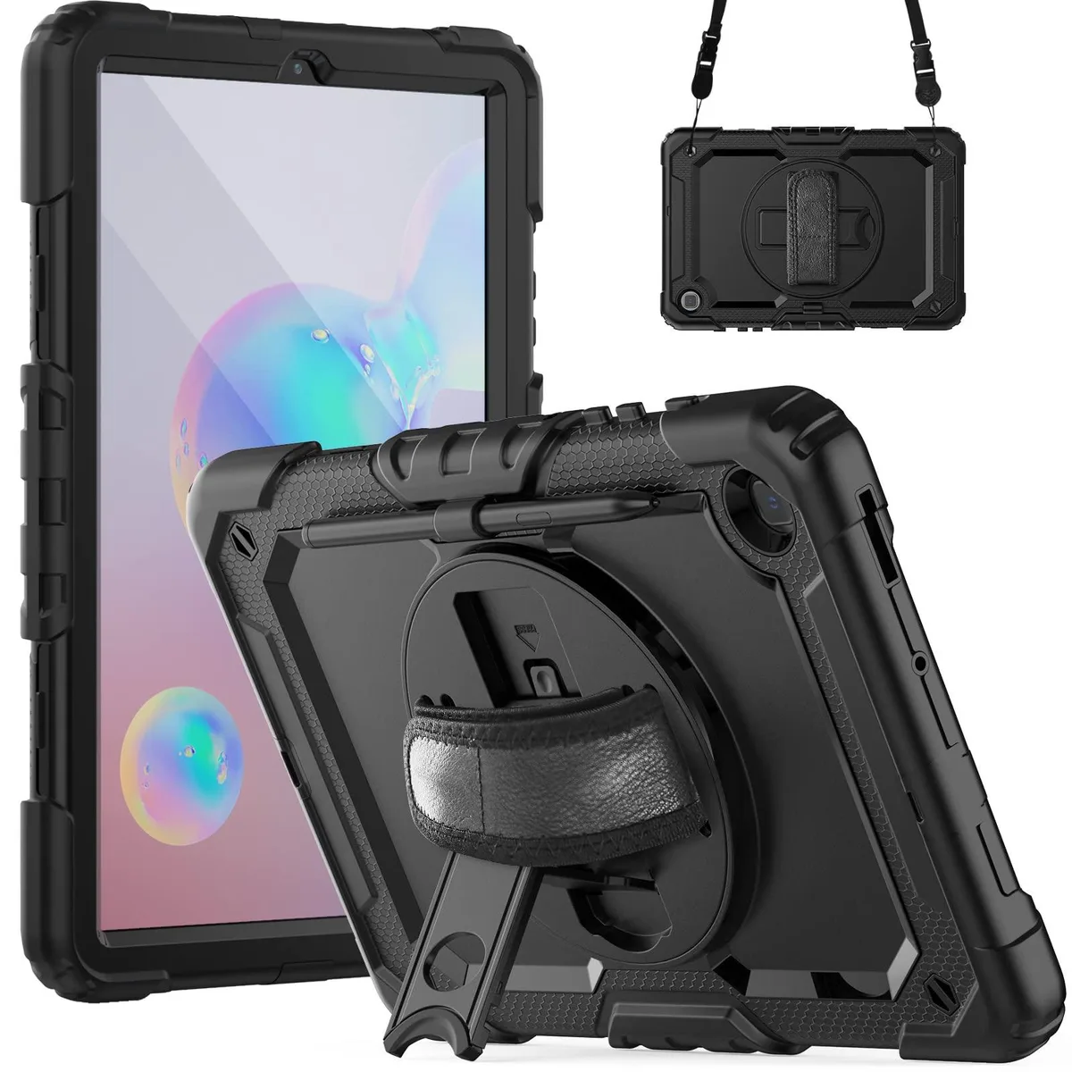 Timoom Timoom Heavy Duty Case with Screen Protector 360° Stand Straps for Galaxy Tab S6 Lite 10.4 Black — product photo