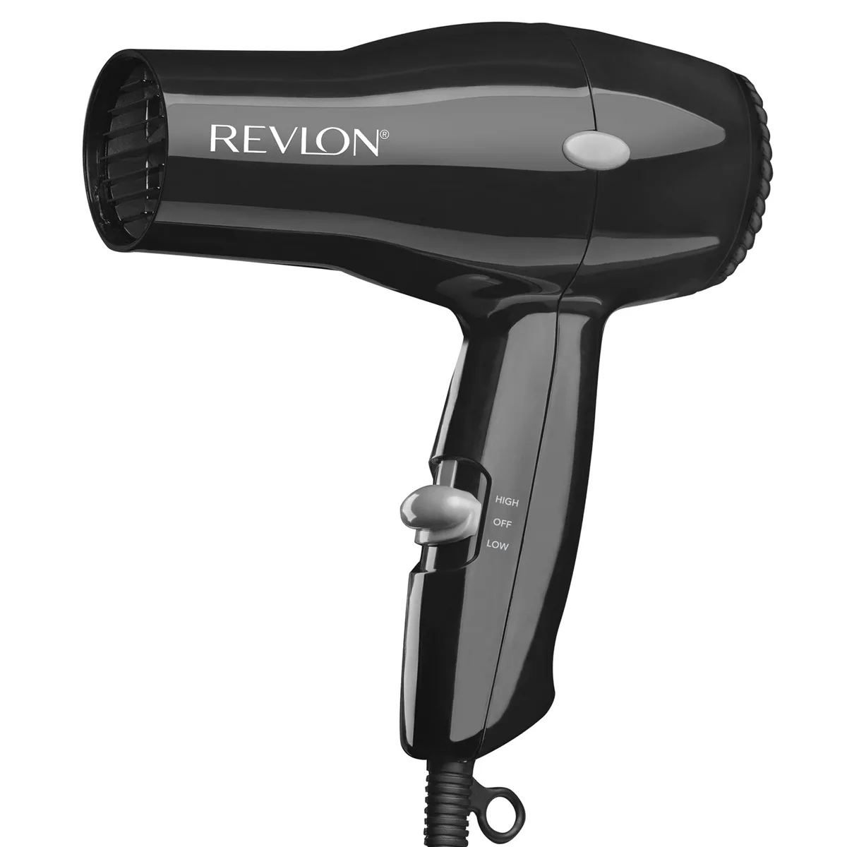 Black compact hair dryer with rounded handle and concentrator nozzle