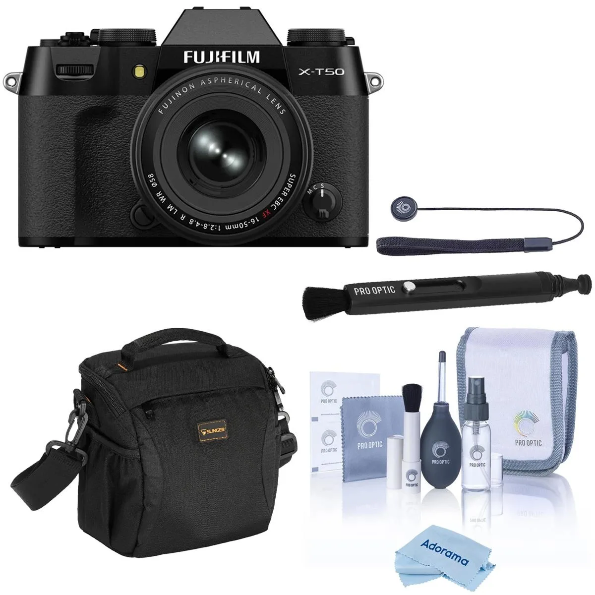FUJIFILM FUJIFILM X-T50 compact mirrorless camera with XF 16-50mm f/2.8-4.8 R LM WR lens and Alpine 140 shoulder bag — product photo