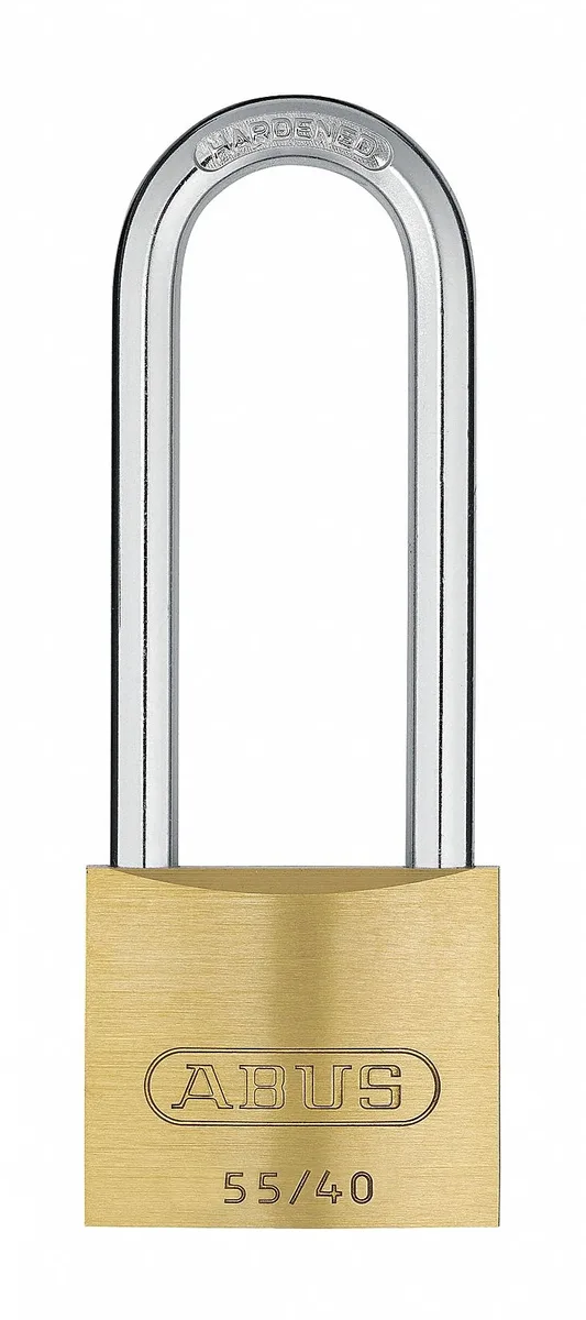 Brass rectangular padlock with long steel shackle