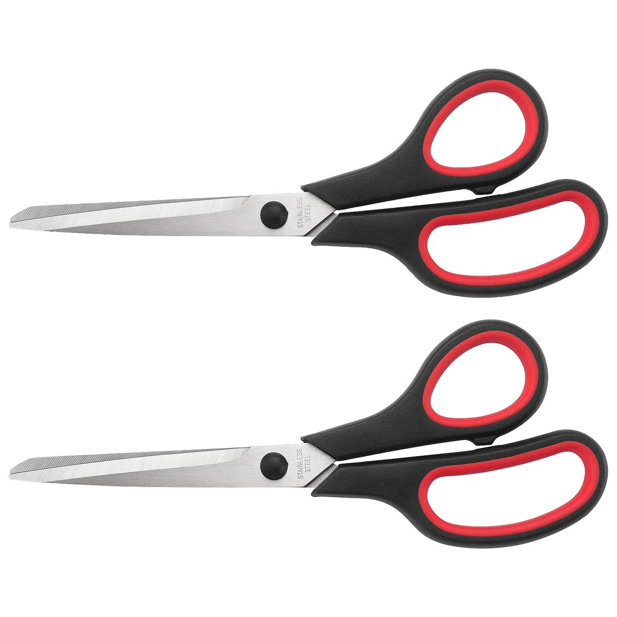 Two black 8.5 inch scissors with stainless steel blades and soft-grip handles