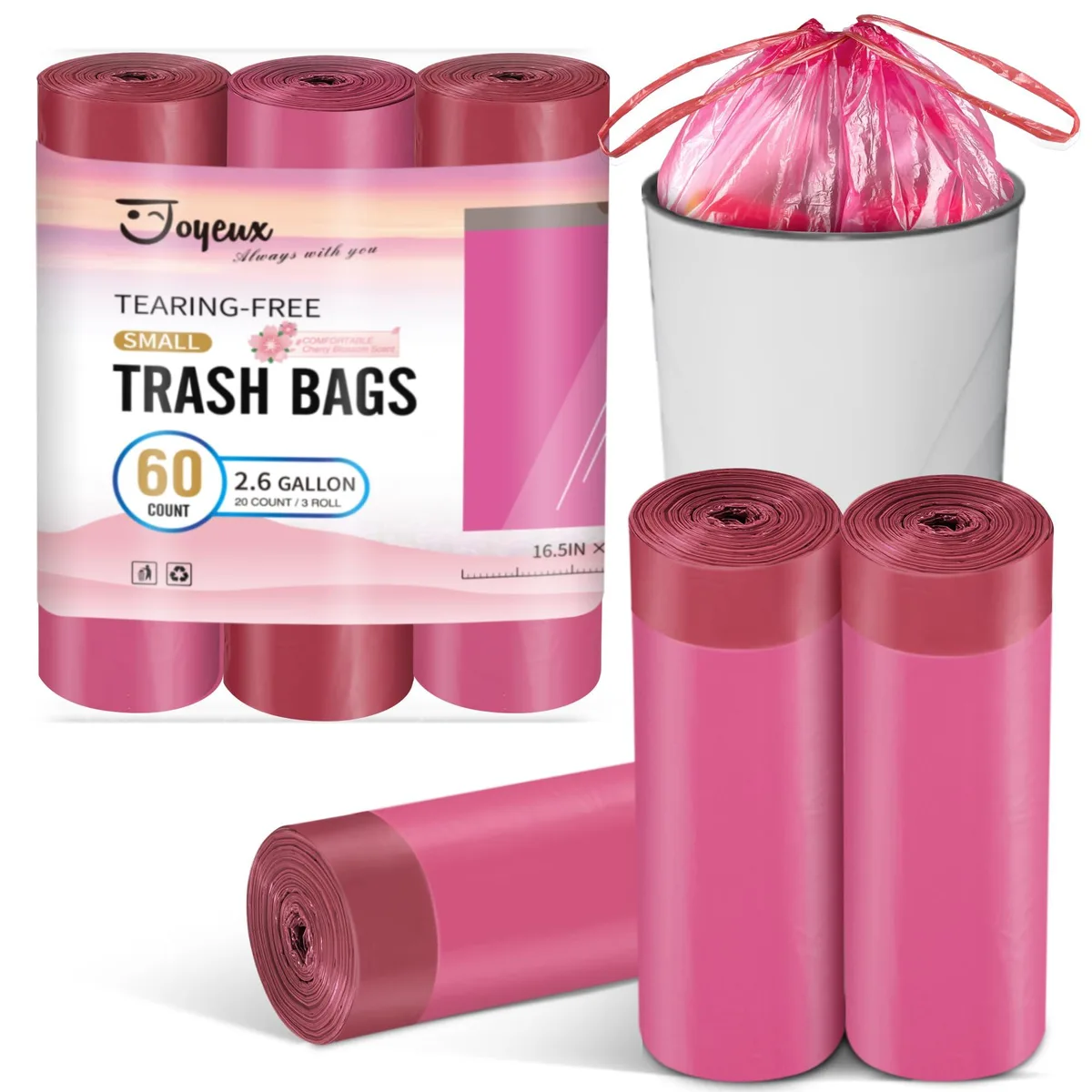 Pink drawstring trash bags in a 60-count pack