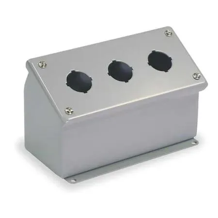 Gray steel sloping-front pushbutton enclosure with three 30 mm holes and external mounting feet