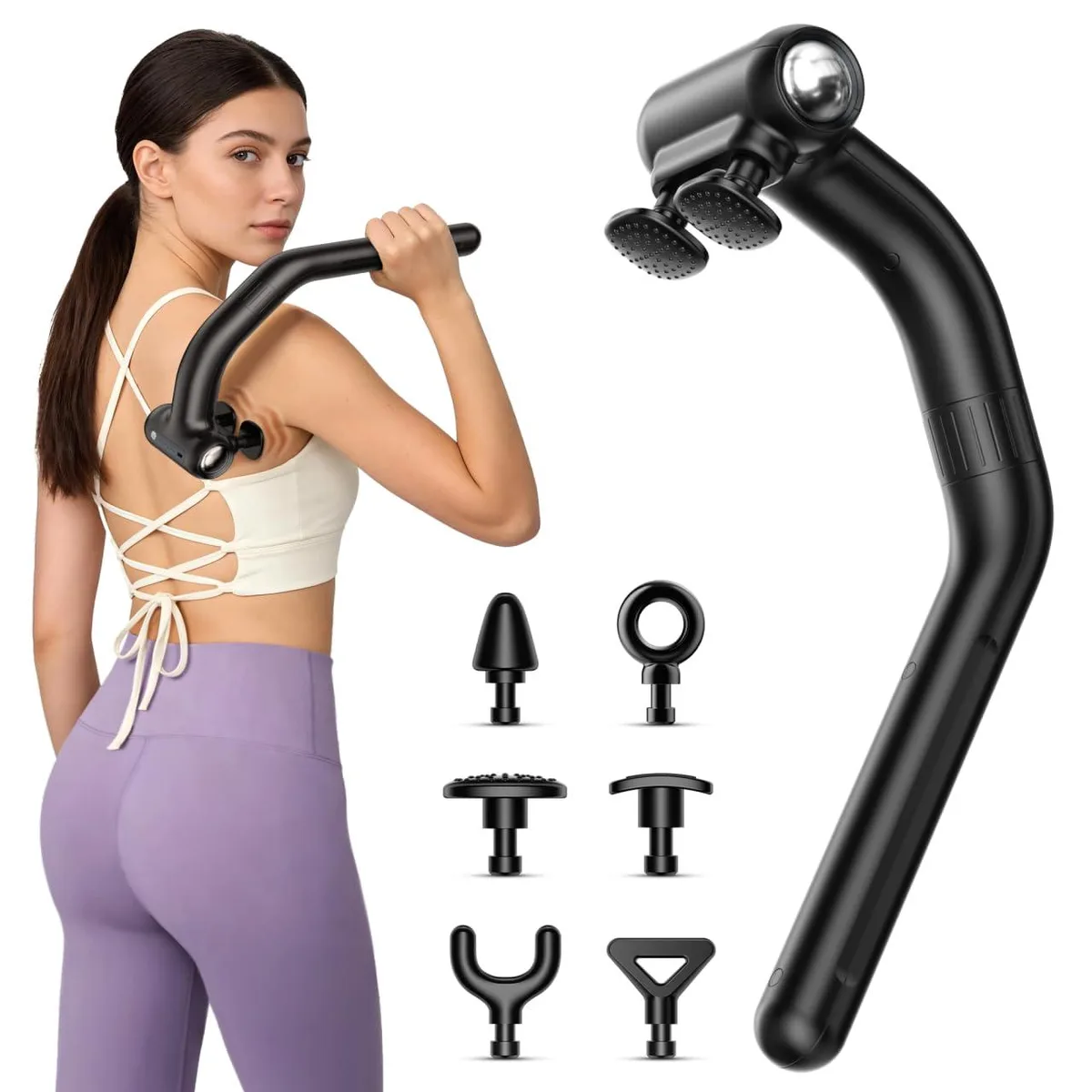 Grey dual-head percussion massager with curved extension handle and twelve interchangeable heads