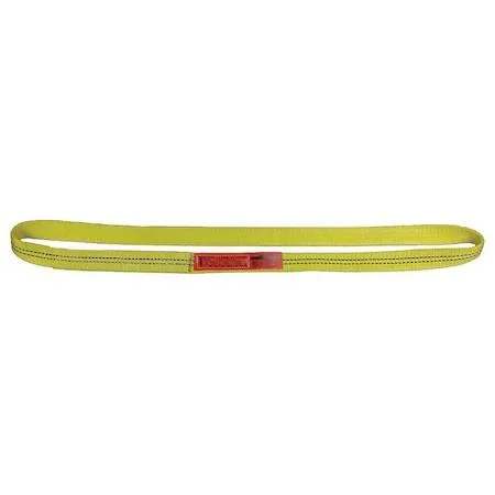 Yellow nylon web sling, flat, two inches wide, four feet long, single ply, reinforced eyes at each end
