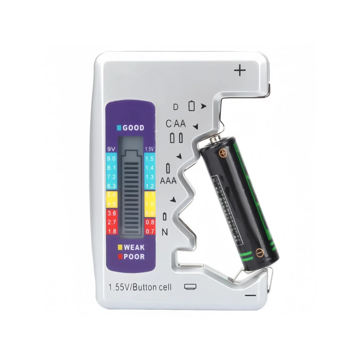 Compact rectangular battery tester with LCD screen and multiple battery slots, 90 by 60 mm
