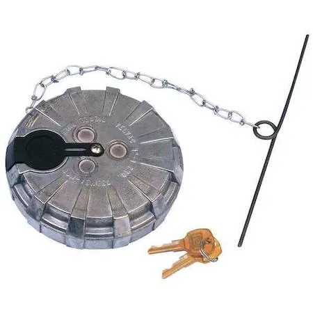 Silver aluminum vented fuel cap with threaded neck and chain cross bar, lockable with two keys