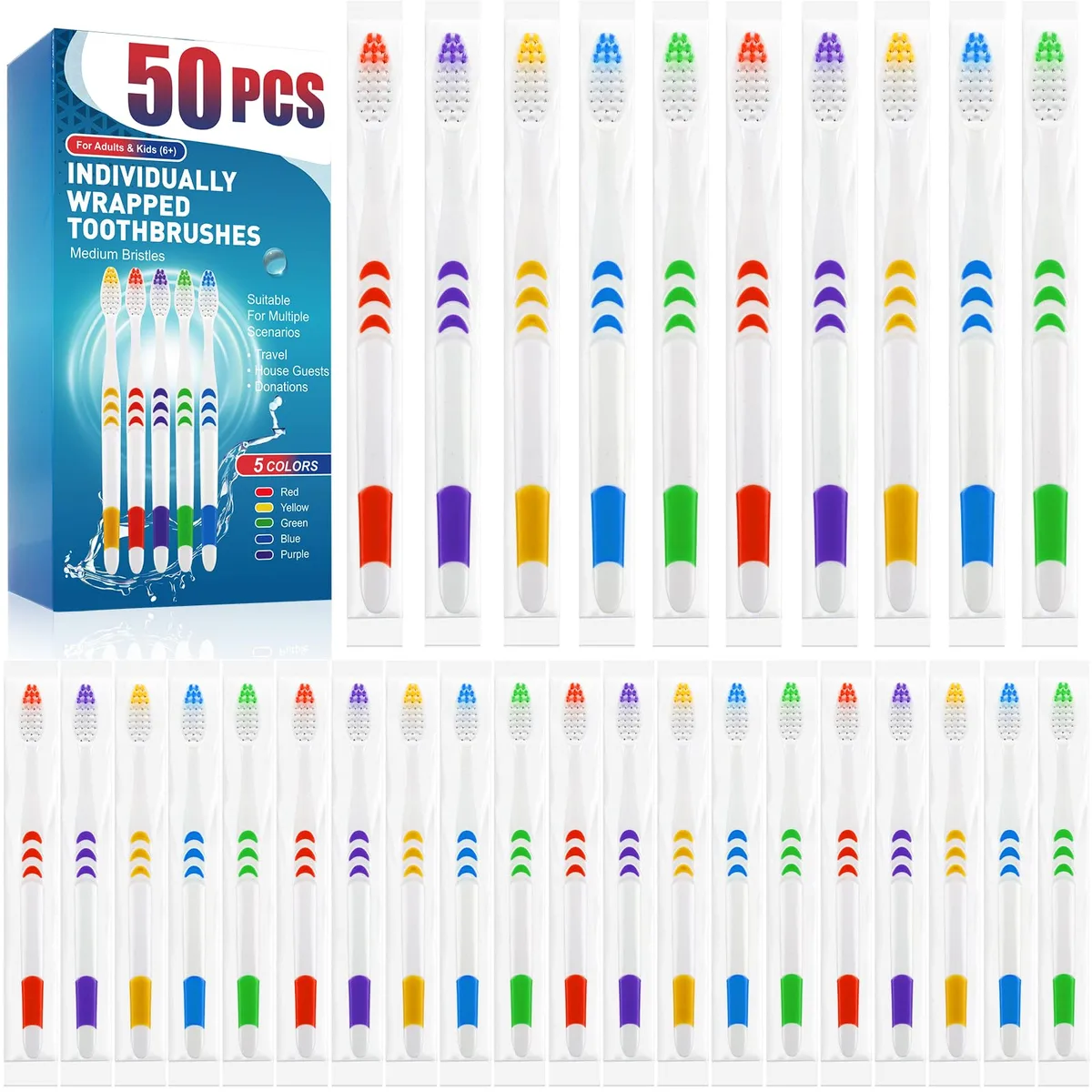 Box of 50 white disposable toothbrushes, individually wrapped