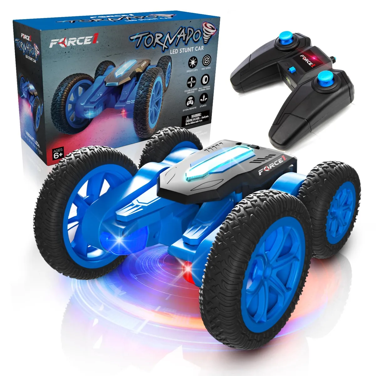 Force1 Tornado Blue LED RC Stunt Car 2.4GHz 360° Flips Double-Sided 4WD — product photo