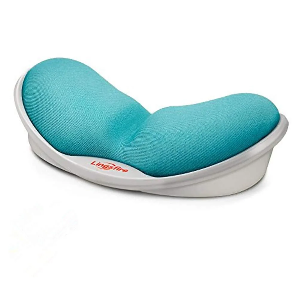 Blue memory foam wrist rest with rubber base, wave shape, compact rectangle
